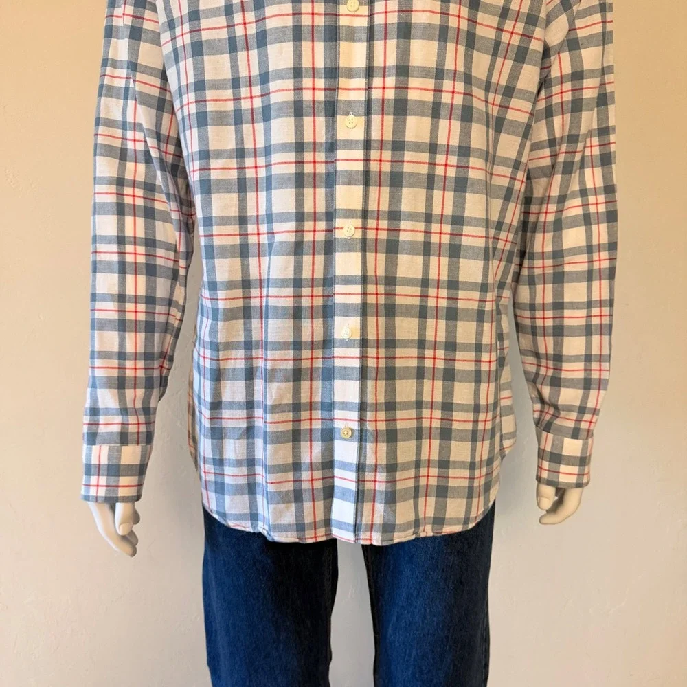 Banana Republic Mens Plaid Button Down Shirt Linen Cotton Blue White Red Size XL